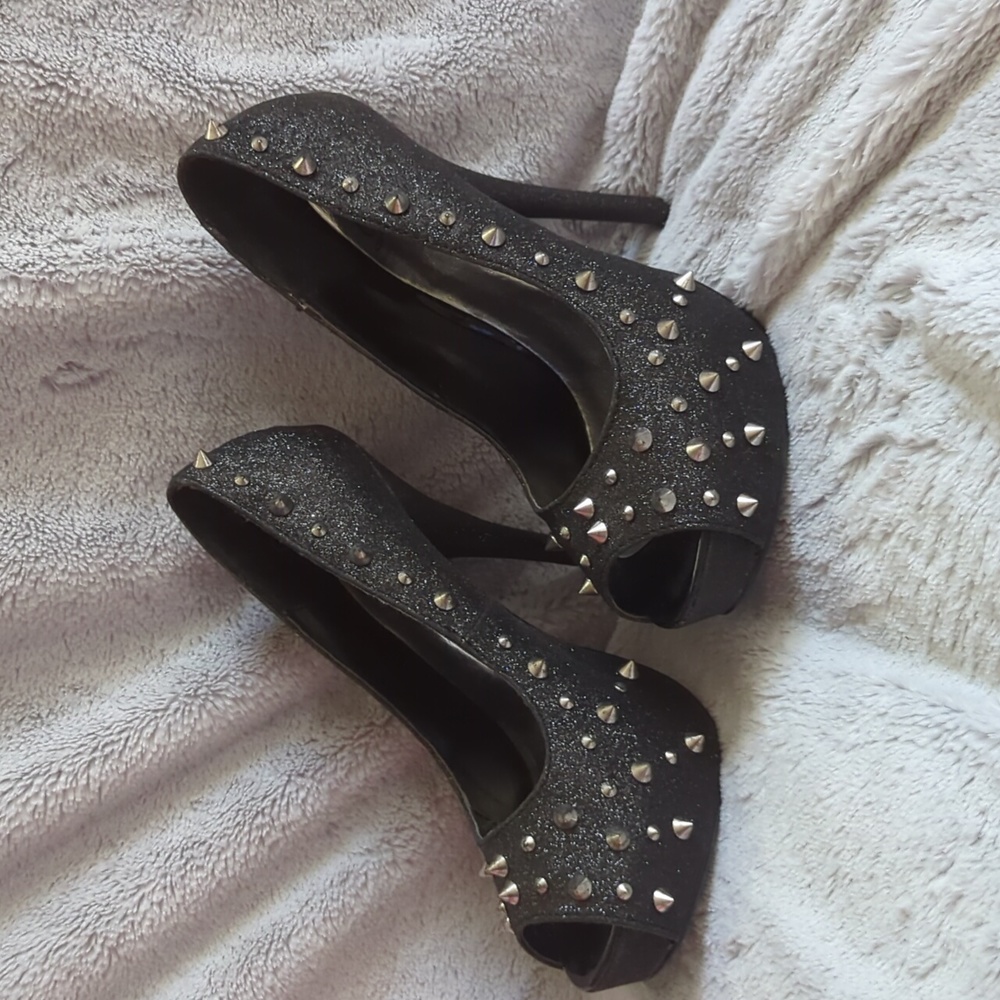 Delicious Black Glitter Spiked Heels